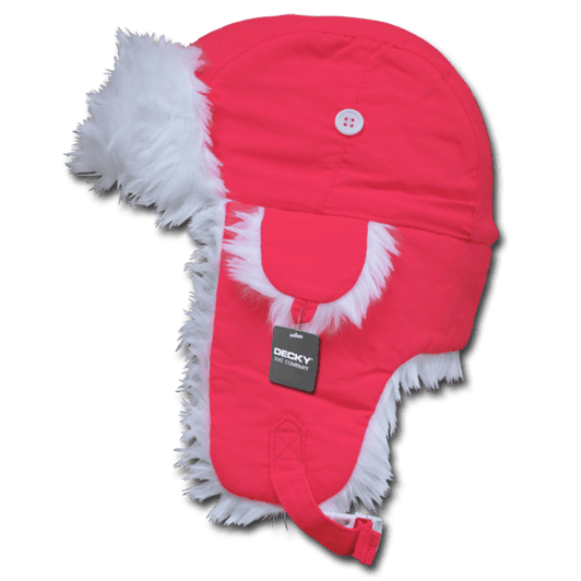 A pink aviator hat with white faux fur trim and a button on top, featuring a logo tag.
