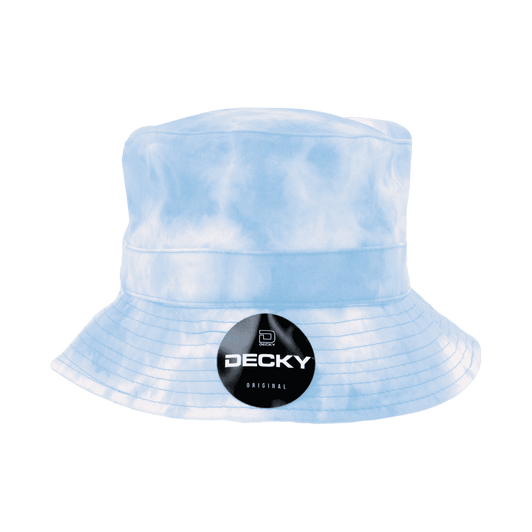 A tie dye bucket hat in light blue, featuring a logo on the side.