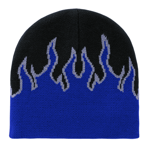 A beanie in blue with black and grey flame designs at the top. It features a logo on the side.