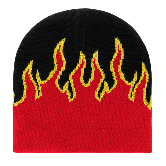 A beanie featuring a black base with red and yellow flame patterns woven into the fabric.