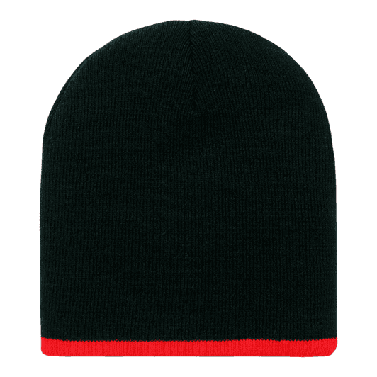 A striped short beanie in black with a red band at the bottom. Features a logo on the side.