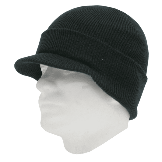 A black knitted beanie with a short brim, displayed on a white mannequin head.