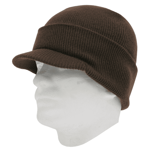 A brown beanie hat displayed on a white mannequin head, featuring a rolled brim design.