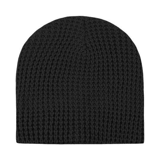 A black waffle beanie with a textured knit design, featuring a branding logo.