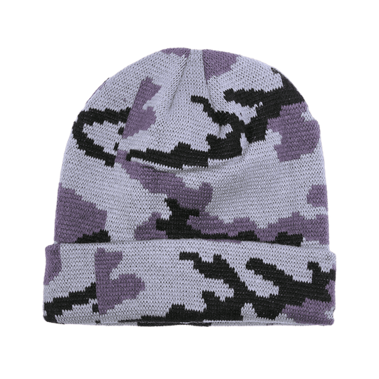 A camo long beanie in shades of purple and black, featuring a camouflage pattern and a folded brim.