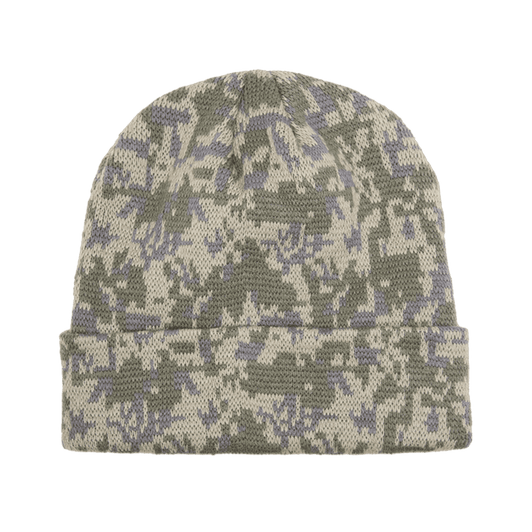 A camo long beanie featuring a blend of green, cream, and light purple patterns, with a folded cuff at the bottom.