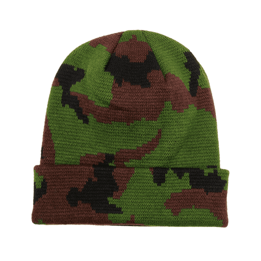 A green, brown, and black camo long beanie with a folded brim and a logo.