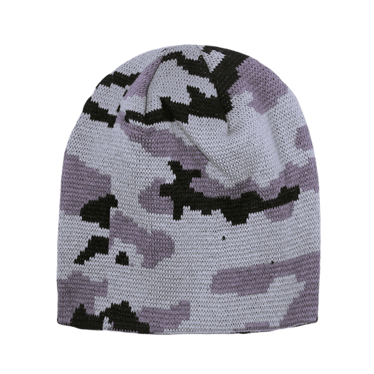 A camo short beanie in shades of grey and black, featuring a textured knit design. It has a small logo on the side.