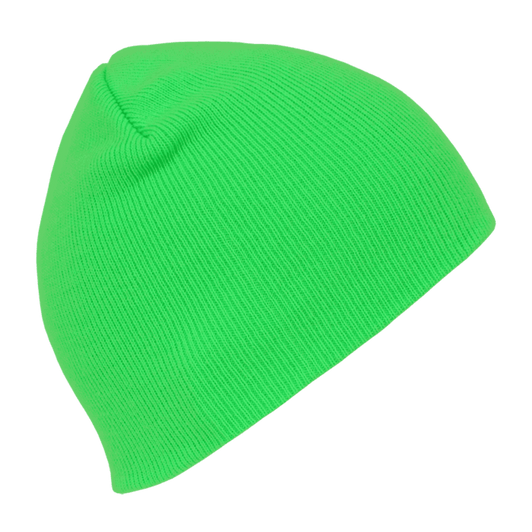 A neon green acrylic short beanie displayed at an angle, showcasing its ribbed texture and vibrant colour.