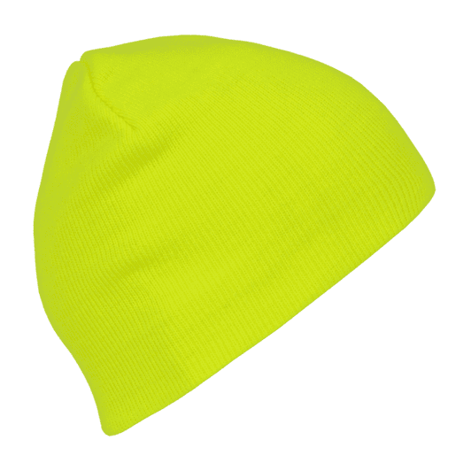 A neon yellow acrylic beanie with a soft texture and a snug-fitting design. It has a logo on the side.