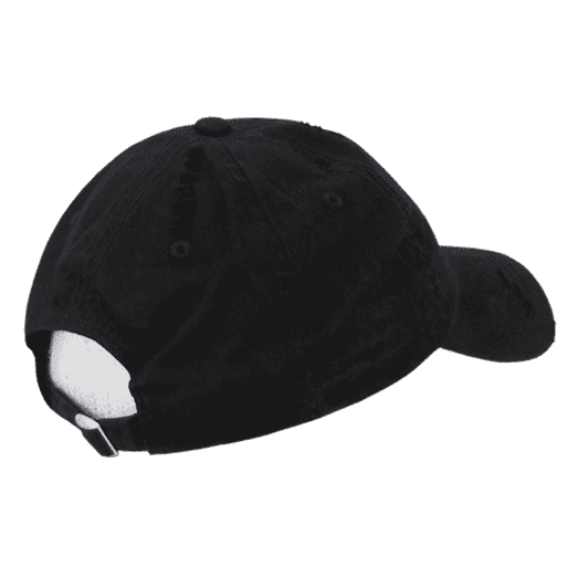 A black vintage dad hat with a relaxed fit and a low profile, featuring a logo on the back.