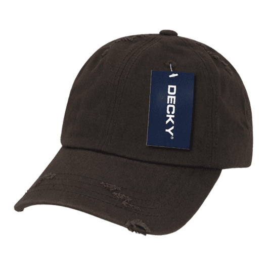 A vintage-style, low-profile dad hat in dark brown, featuring a distressed design and a logo tag.