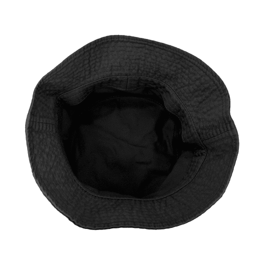 A black bucket hat with an interior lining, showcasing a textured pattern. It features a logo inside.