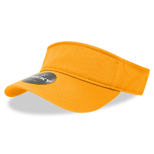 A yellow visor with a curved brim and a logo on the front.