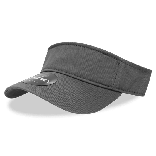 A grey visor with a wide brim and a branded tag on the front, positioned at an angle.