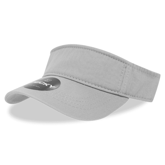 A grey polo visor with a wide brim and an attached logo on the front.
