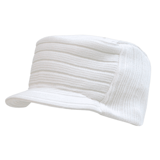 A white ribbed cap with a flat top and a small visor, featuring a logo on the side.
