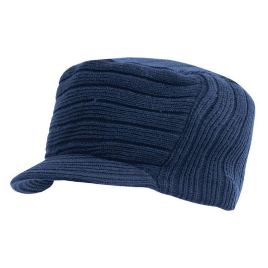 A flat top cap in dark blue with a textured, ribbed design and a short visor. Features a logo on the side.