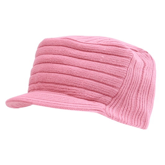 A pink knitted cap with a flat top, featuring a raised ribbed texture. It has a soft visor and branding.