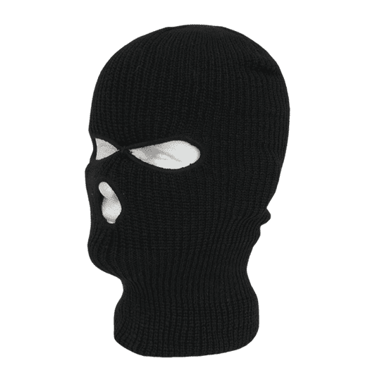 A black beanie featuring three holes for the face and eyes, constructed from knitted fabric. It has a logo on it.