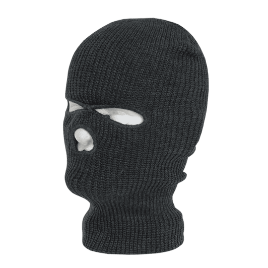 A black beanie-style face mask with three holes for eyes and mouth. It has a knit texture and features a logo.
