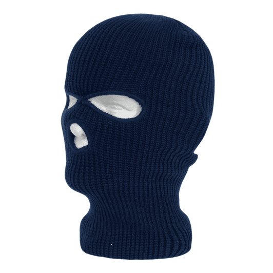 A navy blue beanie featuring three holes for eyes and mouth, crafted from knitted material. Includes a logo.