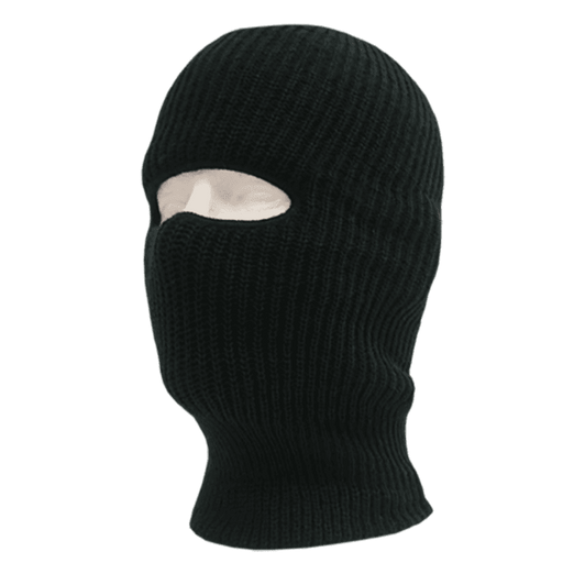 A black face mask beanie featuring one eye hole, crafted from ribbed fabric. It has a logo on it.