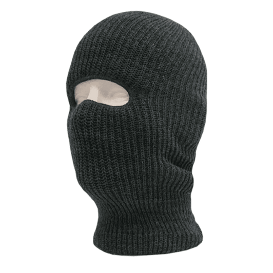 A dark grey knit beanie with a single eye opening, styled as a face mask. It has a snug fit and ribbed texture.