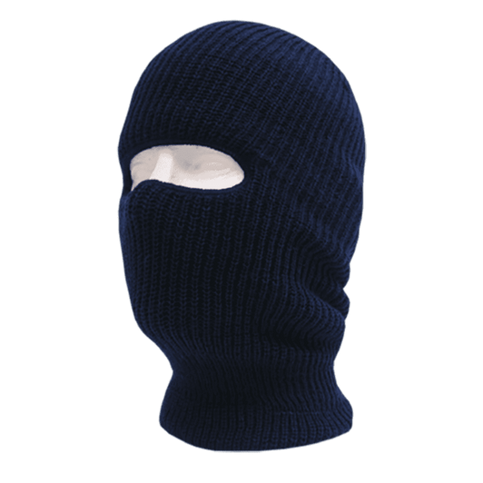 A navy blue beanie featuring a one-hole design for the face, made from ribbed material. It has a logo.