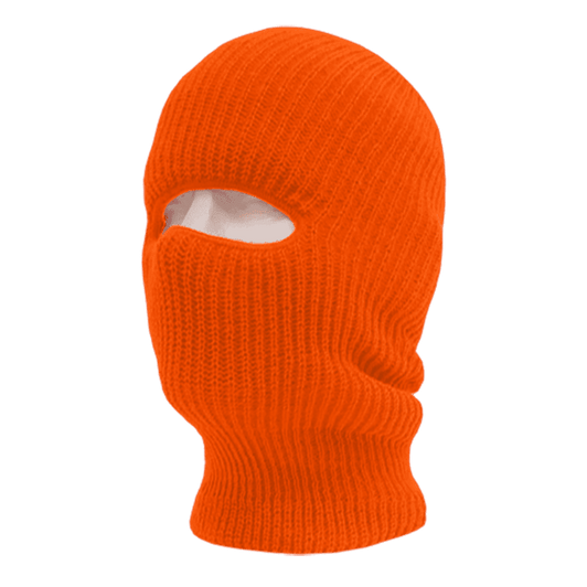 An orange beanie with one hole for the face, featuring a ribbed texture. It has a logo on the side.