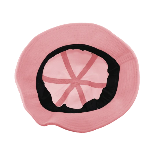 A pink bucket hat with a black interior and adjustable straps. It features a logo on the side.