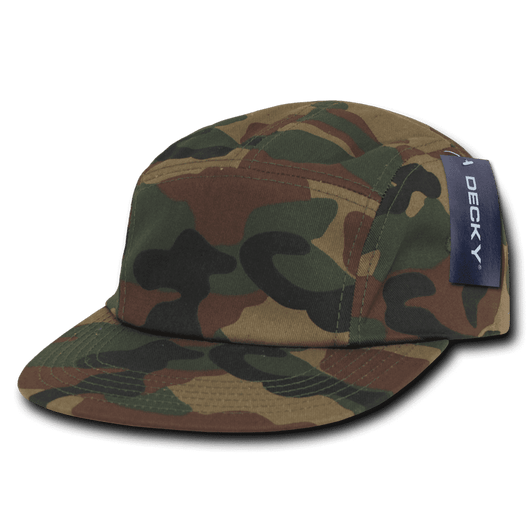 A 5 panel racer cap in a camouflage pattern featuring shades of green, brown, and black with a small branded label.