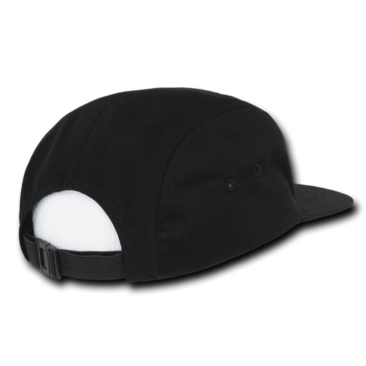 A black 5 panel racer cap with a white underside and a rear adjustable strap, featuring a logo on the side.