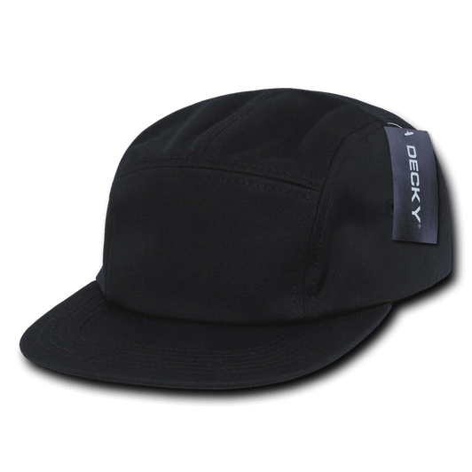 A black 5 Panel Racer Cap with a flat brim and a side branding patch.