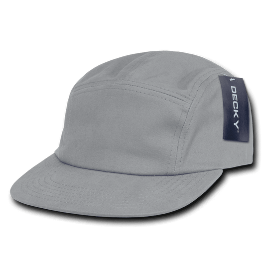A grey 5 Panel Racer Cap with a side logo patch, featuring a structured crown and a flat brim.