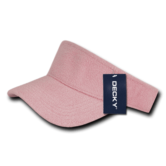 A pink terry cloth visor featuring a branded tag. The visor has a wide brim and a soft texture.