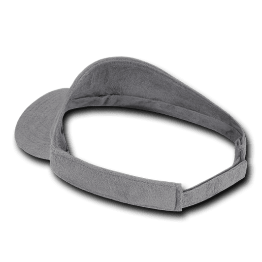 A grey Terry Visor with a soft fabric design and adjustable strap, featuring a logo.
