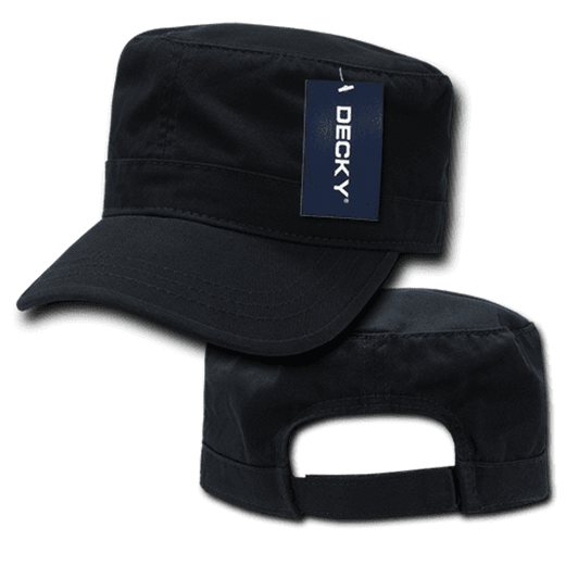 A black G.I. cap with a structured design and a branded tag on one side.