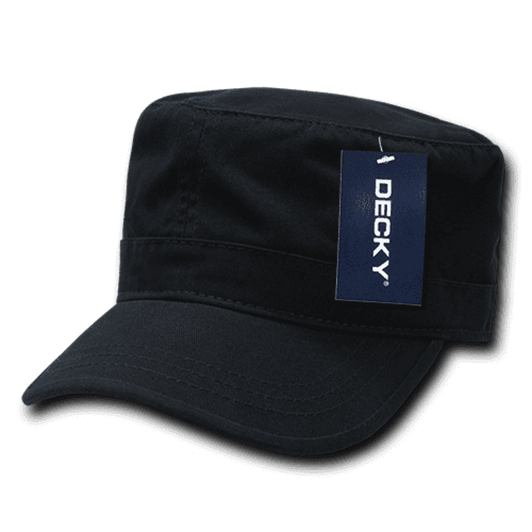 A black cap with a flat brim and military style, featuring a brand tag.