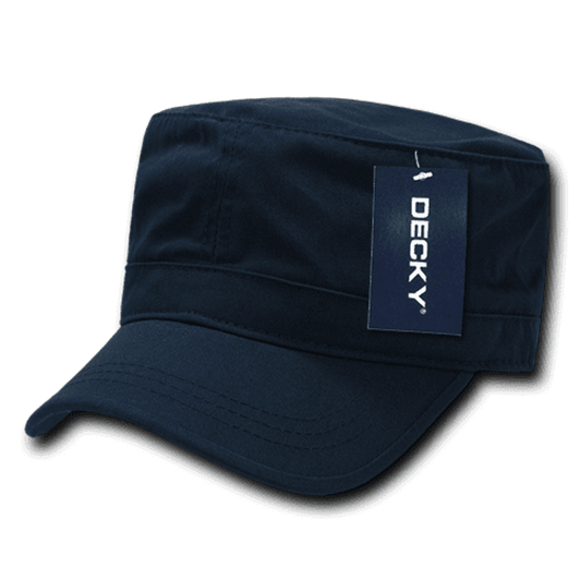 A washed G.I. cap in navy blue with a tag attached, featuring a branded logo.