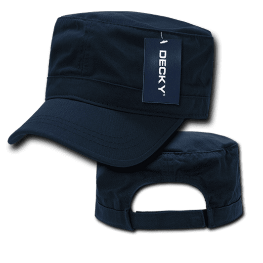 A navy blue G.I. cap with a tag and a rear opening, featuring a branding logo.