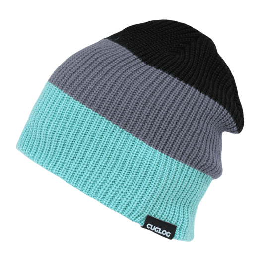 A three-tone knit cap featuring black, grey, and aqua colours, with a branded label on the side.