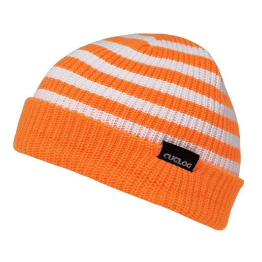 A striped beanie in orange and white with a branded label on the cuff.