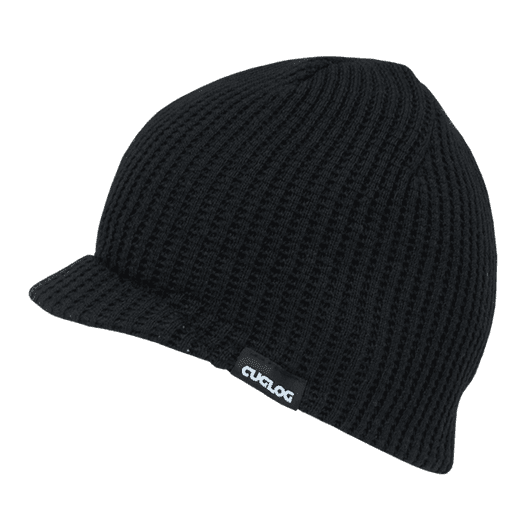 A black knit beanie with a small logo, featuring a ribbed texture and a front brim.
