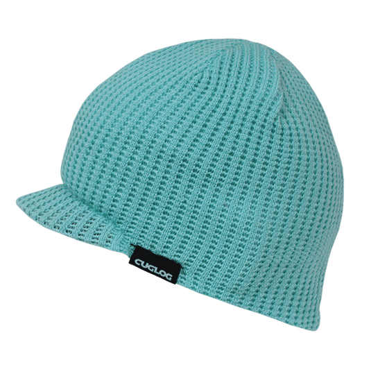 A beanie in a light blue colour with a textured design and a short brim. It features a small logo.