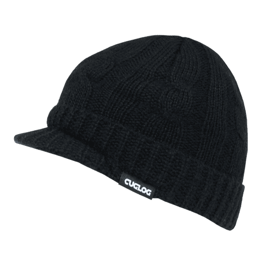 A black knitted beanie with a ribbed brim and a logo tag. It features a textured pattern throughout.