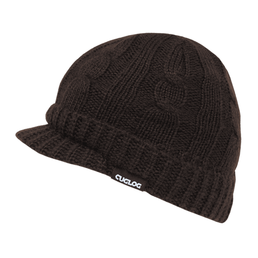 A brown knitted beanie with a brim and a logo on the band.