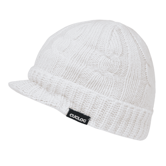 A white knitted beanie with a cable knit design and a branded logo tag.