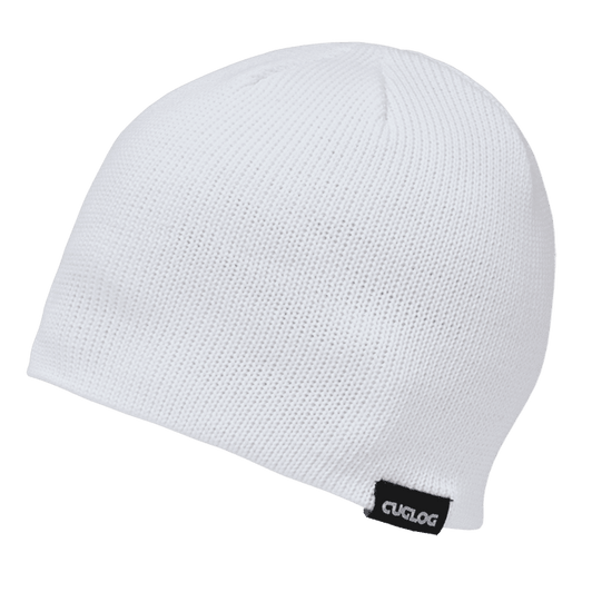A white beanie with a textured knit pattern and a small logo patch on the side.