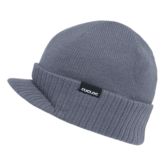 A grey beanie with a folded cuff and a small logo on the side.